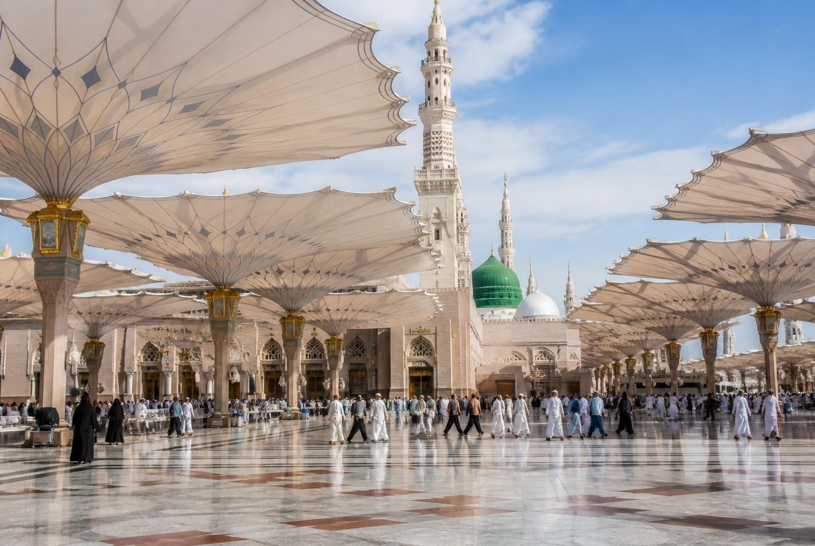 Courtyard of Masjid an-Nabawi with the giant white umbrellas open