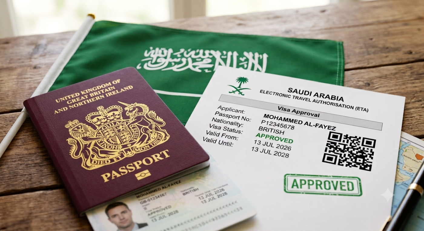 UK passport and Saudi Arabia flag beside an approved Saudi Arabia Electronic Travel Authorisation (ETA) document for a British citizen